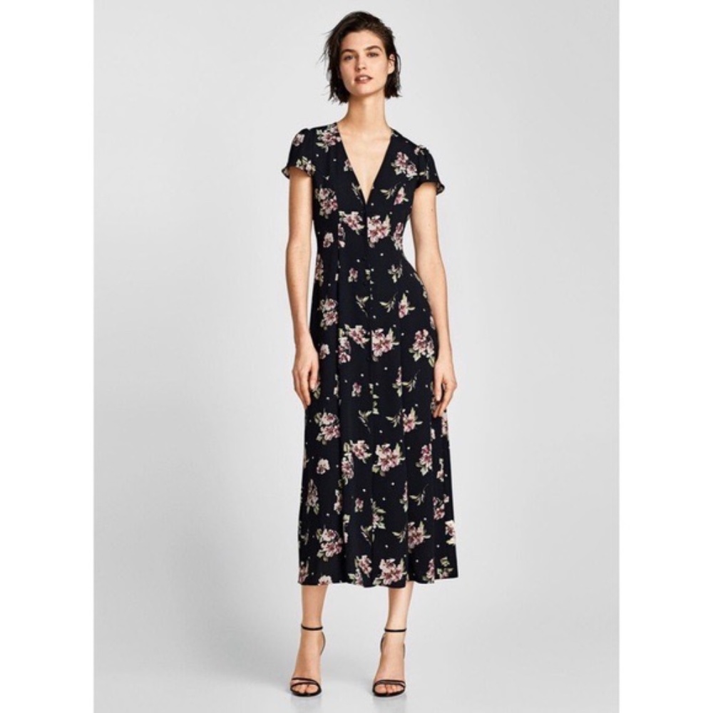 ZARA Black & Pink Floral Button Front Maxi Dress M
